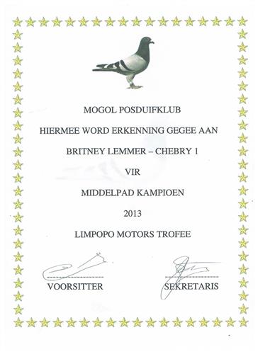 Baie geluk aan Britney Lemmer, CHEBRY 1, Mogol Posduifklub Middelpad Kampioen! Jy is 'n YSTER!