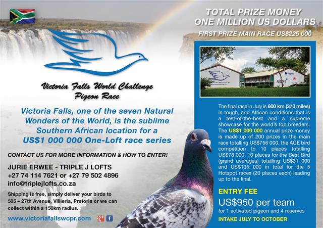 Victoria Falls ONE LOFT RACE! Entries now accepted! Contact Jurie Erwee at JJJ LOFTS NOW to book your place in one of the world's most popular ONE LOFT RACES!!